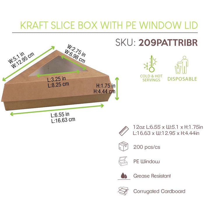 Kraft Slice Box With PE Window Lid - 12oz 6.6 X 6.6 X 5.1in - 200 Pcs