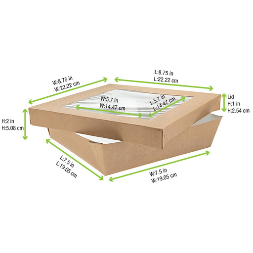 Kray Boxes With PET Window Lid - 50oz 7.1 X 7.1 X 2in - 200 Pcs (Avail. Kraft or White)