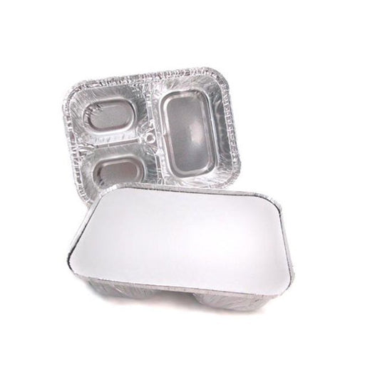 Kari-out 739TP 3-Compartment Aluminum Foil Tray with Board Lid, 8 x 6 x 1.5 in. - Case of 250 - Paper Supplies Plus
