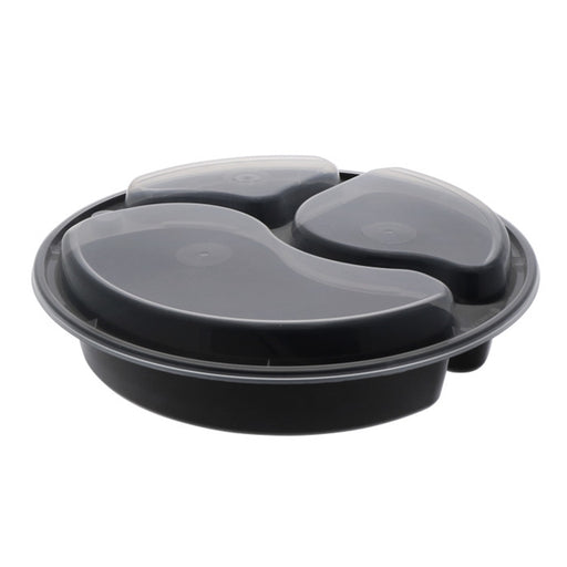 Pactiv NC9388B 39 oz. Microwaveable Round 3-Compartment Takeout Container and Lid Combo, Black Base/Clear Lid, 150 ct. - Paper Supplies Plus