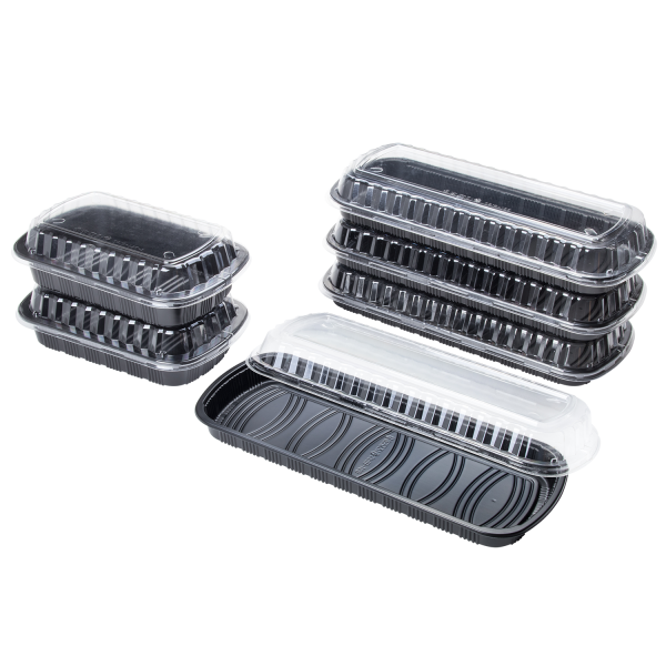 Karat Half Slab Black PP Plastic Rib Container with Clear OPS lid - 100 ct