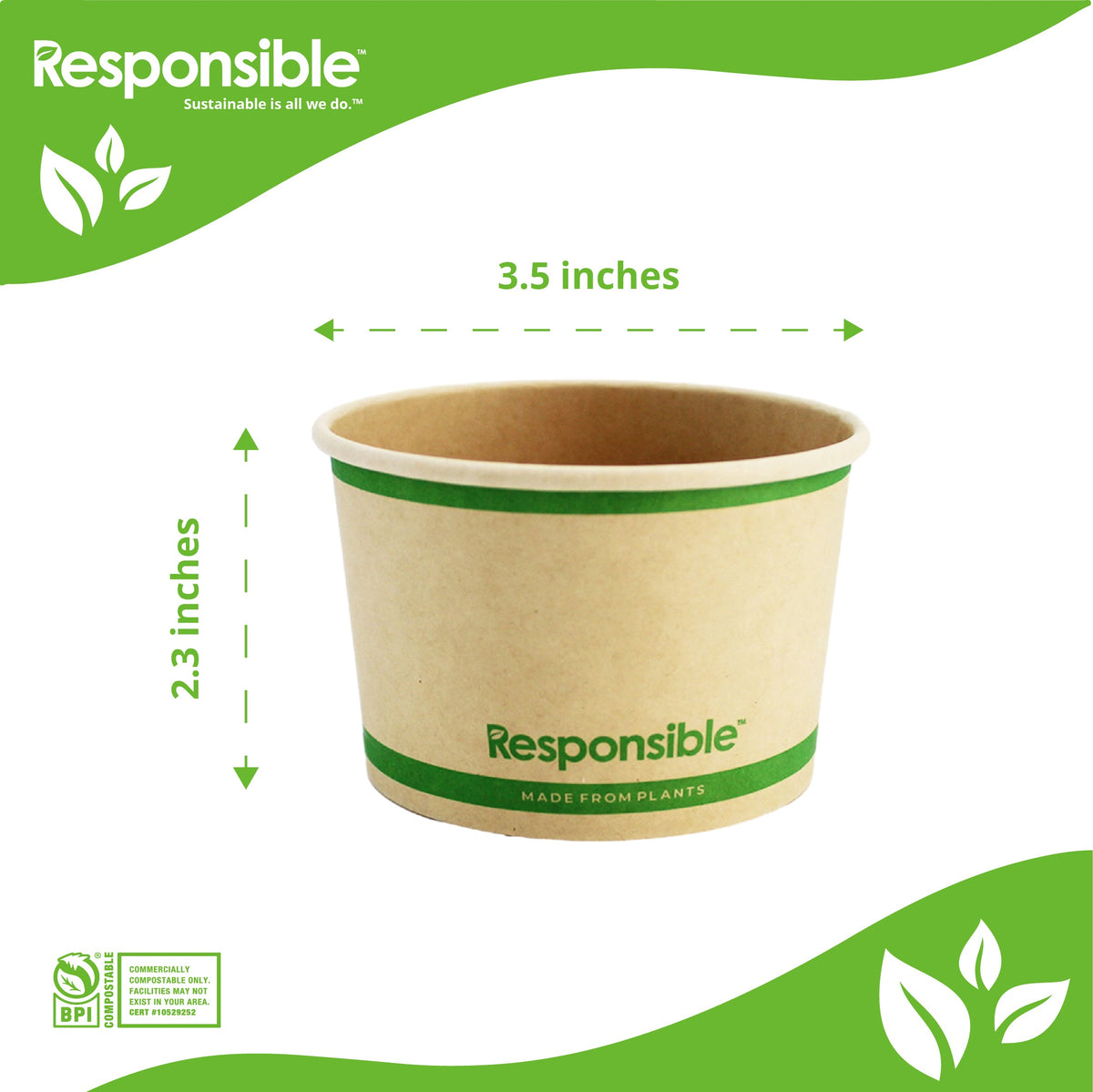8 oz compostable paper food container dimensions: 3.5 inch top diameter x 2.3 inch tall