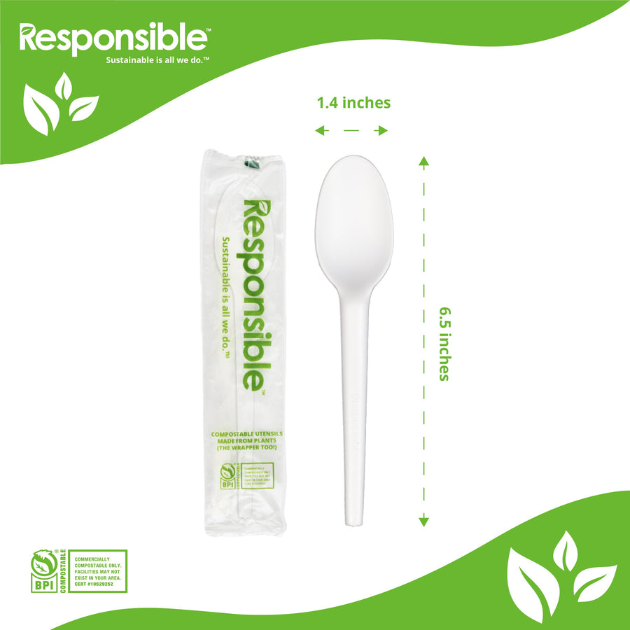 Responsible Products individually wrapped 6.5 inch white compostable spoon RP-CPLAS-WRAP
