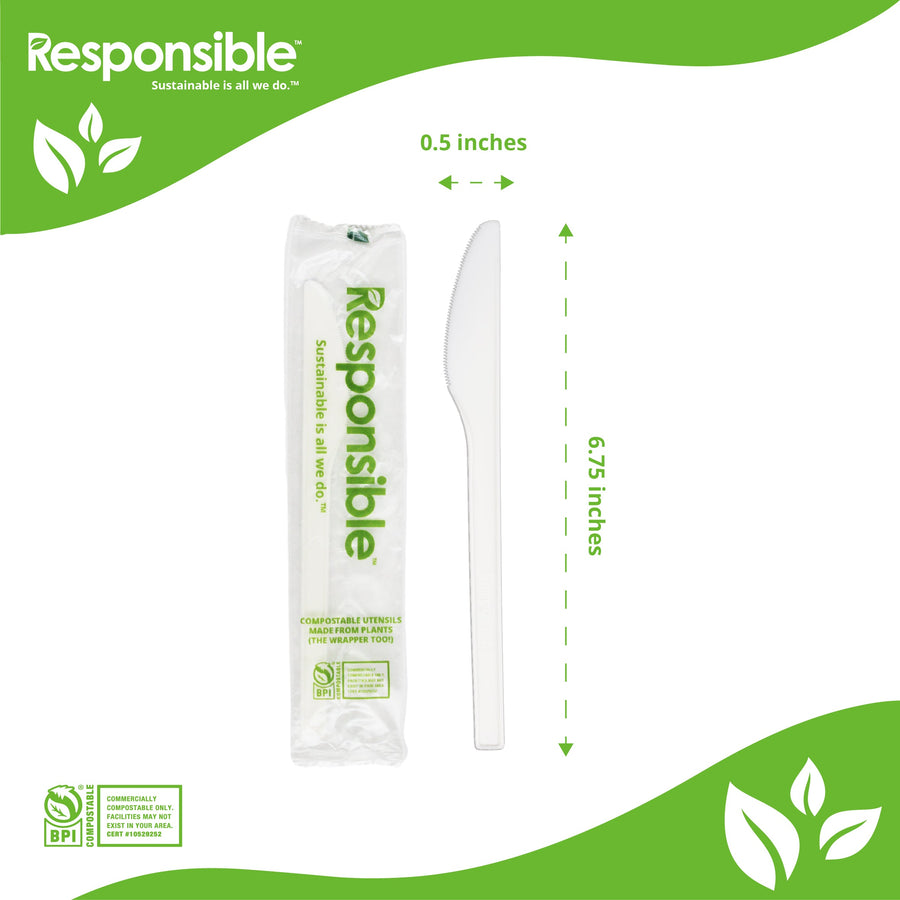 Responsible Products individually wrapped 6.75 inch white compostable knife RP-CPLAK-WRAP
