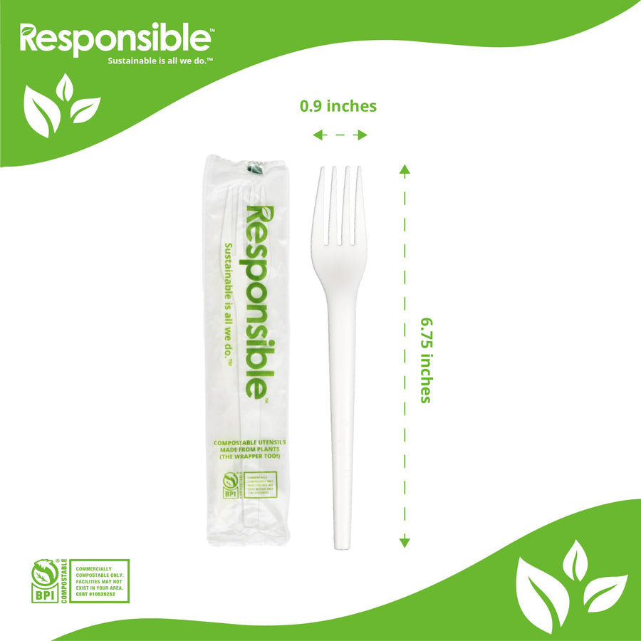 Responsible Products individually wrapped 6.75 inch white compostable fork RP-CPLAF-WRAP