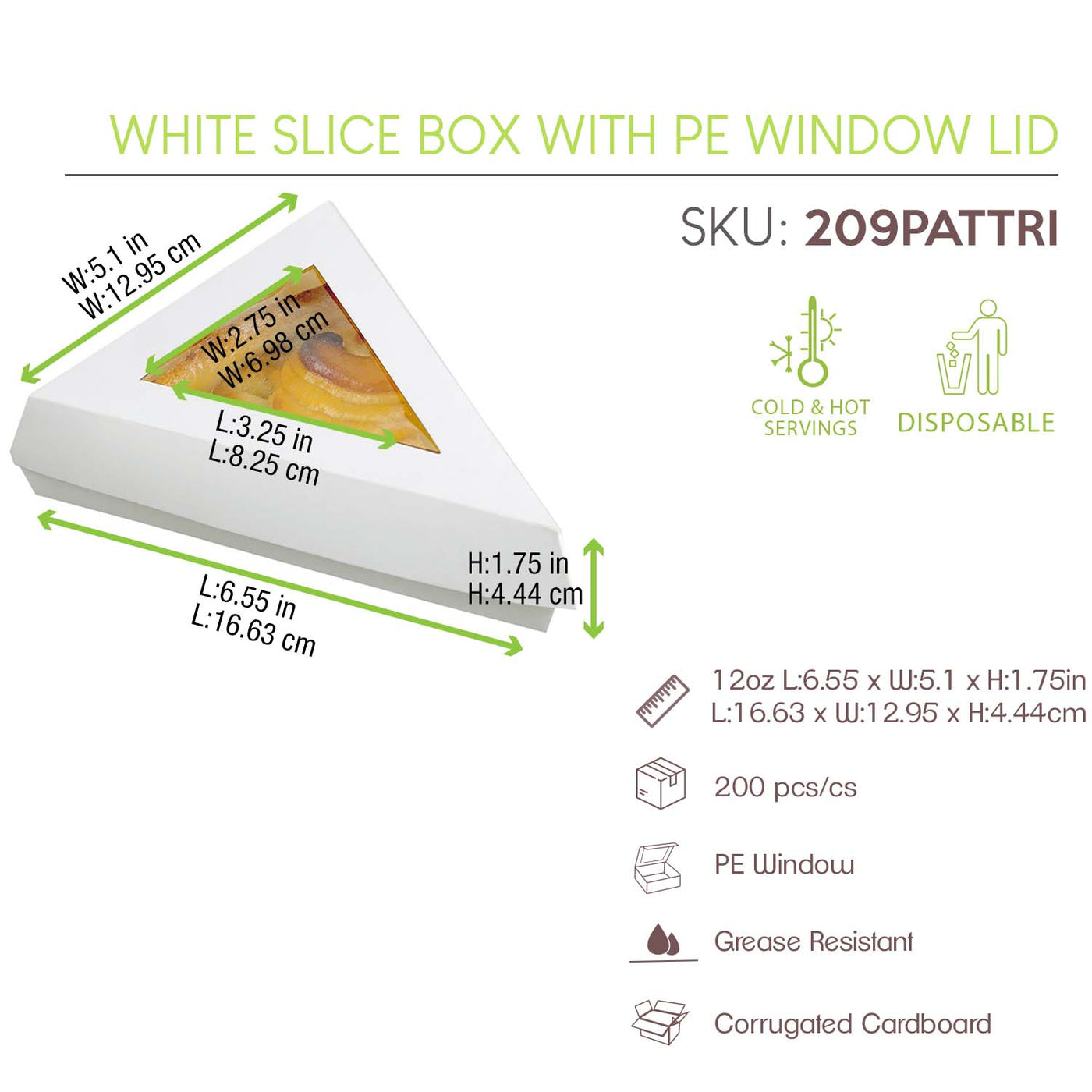 White Slice Box With PE Window Lid - 12oz 6.7 X 5.1in - 200 Pcs