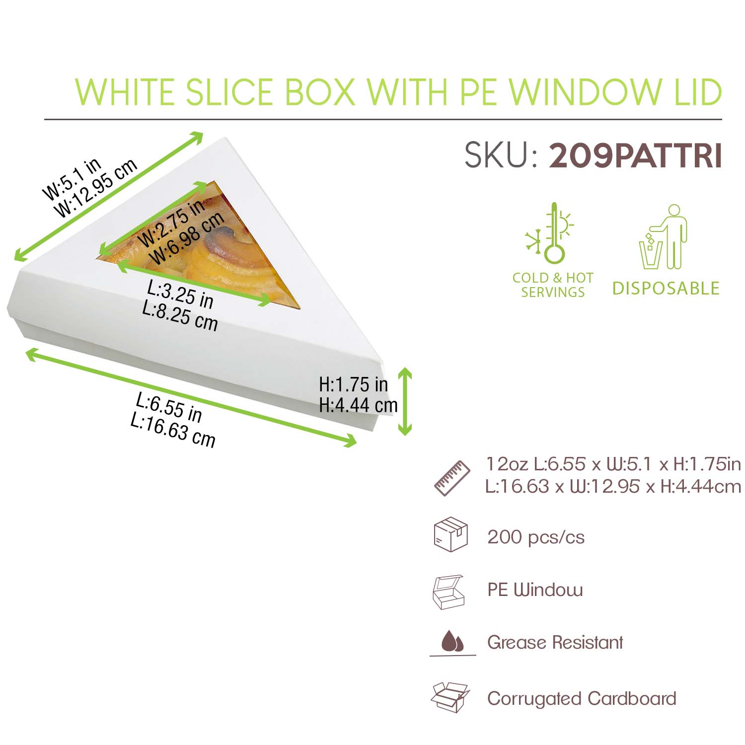 White Slice Box With PE Window Lid - 12oz 6.7 X 5.1in - 200 Pcs