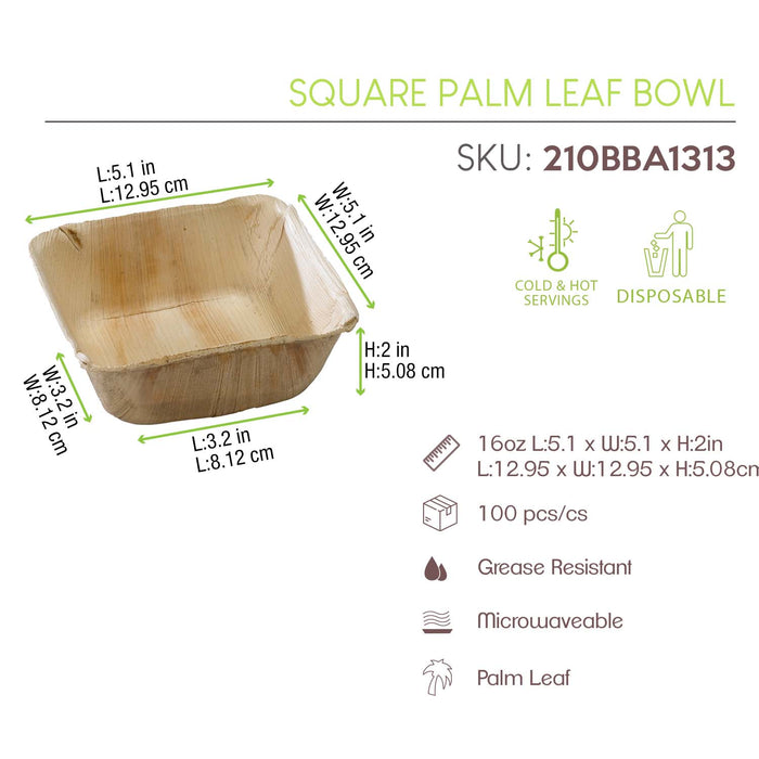 Square Palm Leaf Bowl - 16oz 5 X 5 X 2in - 100 Pcs