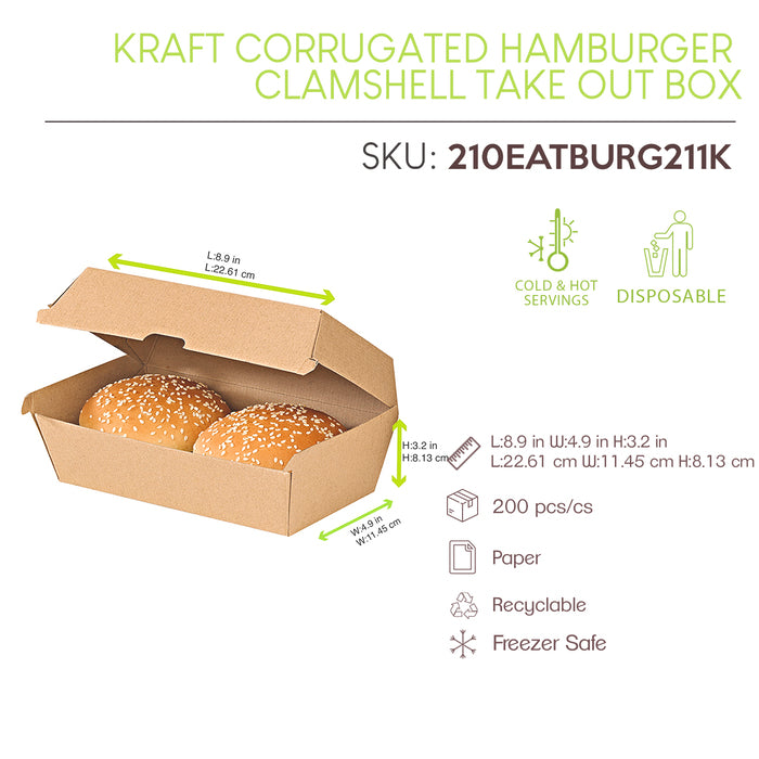 Kraft Corrugated Hamburger Clamshell Take Out Box - 8.9 X 4.9 X 3.2in - 200 Pcs 200 Pcs/Cs