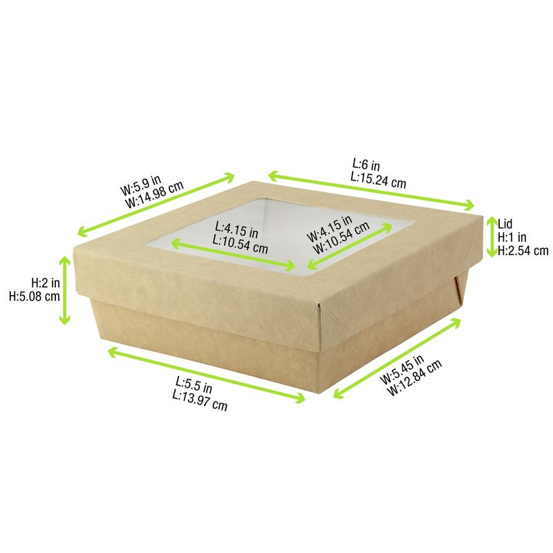 Kray Boxes With PET Window Lid - 32oz 5.5 X 5.5 X 2in - 250 Pcs (Avail. Kraft or White)