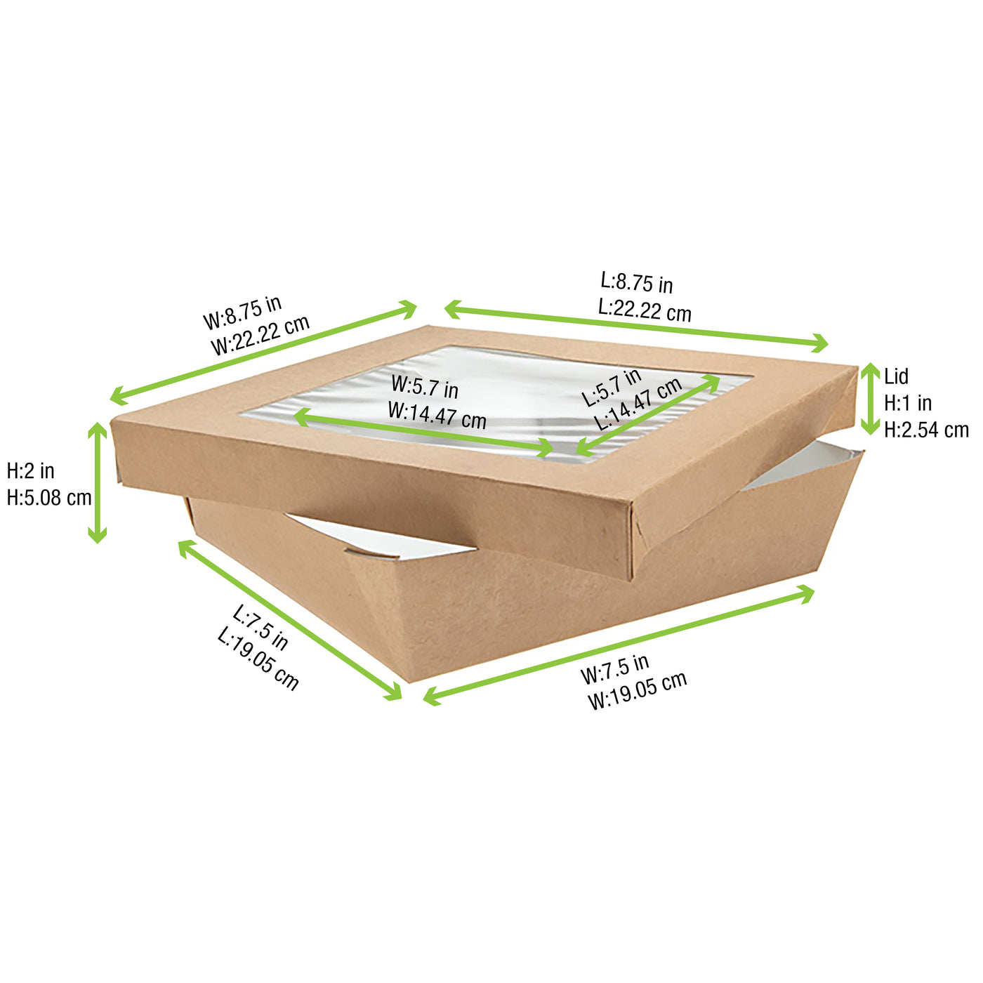 Kray Boxes With PET Window Lid - 60oz 7.1 X 7.1 X 2in - 200 Pcs (Avail. Kraft or White)