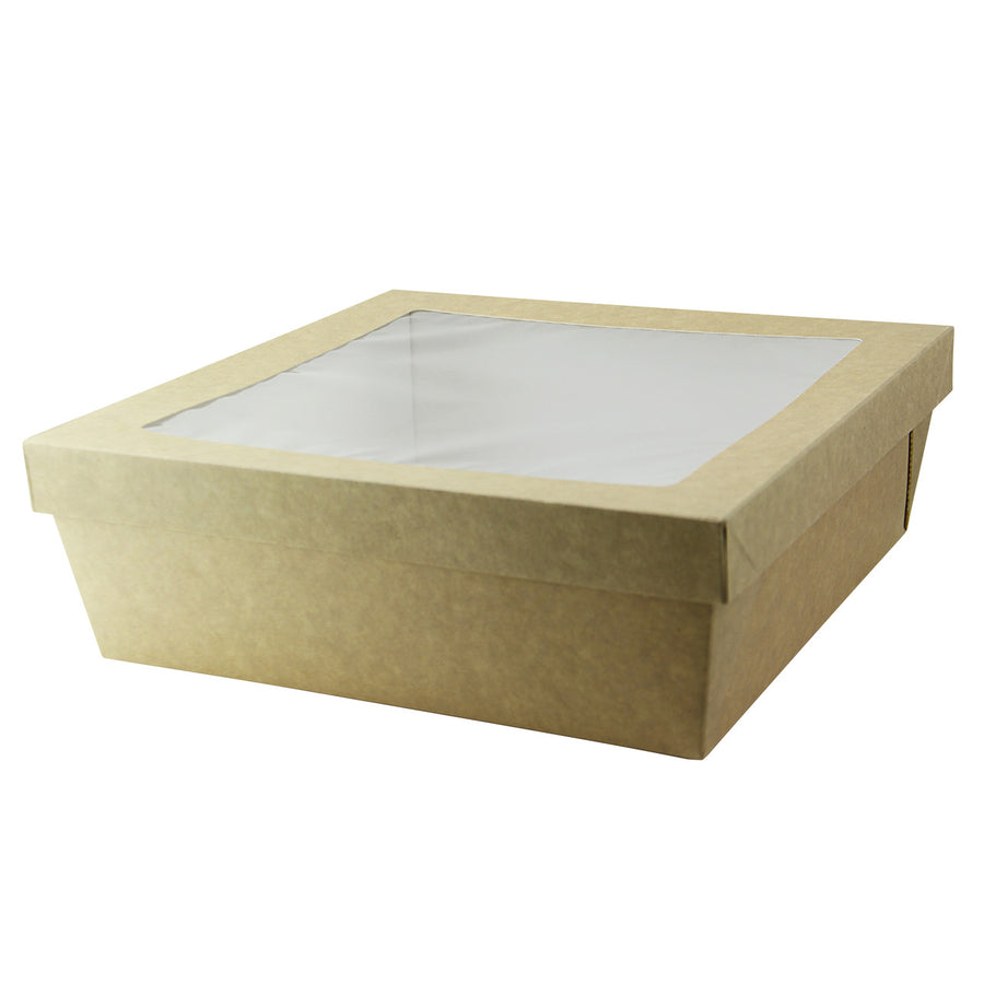 Kraft Kray Boxes With PET Window Lid - 142oz 8.7 X 8.7 X 3.2in - 100 Pcs