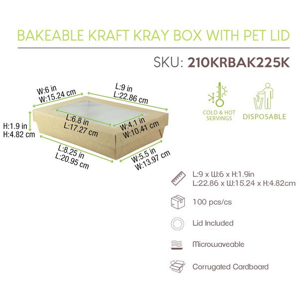 Bakeable Kraft Kray Box With PET Lid - 50oz 8.9 X 6.1 X 2in Up To 440F(Base Only) - 100 Pcs