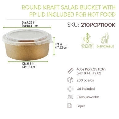 40 oz Round Kraft Salad Bowl with PP Lid Included – 200/Case