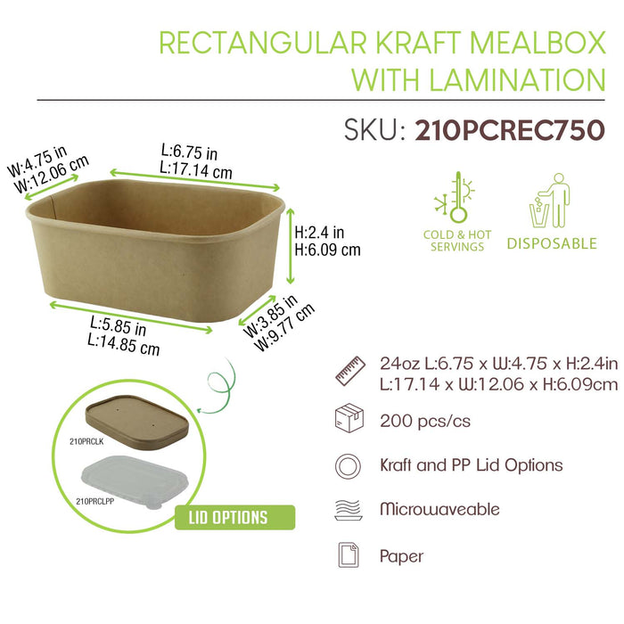Rectangular Kraft Meal Box With Lamination - 24oz L:6.8in W:4.8in H:2.2in - 200 Pcs