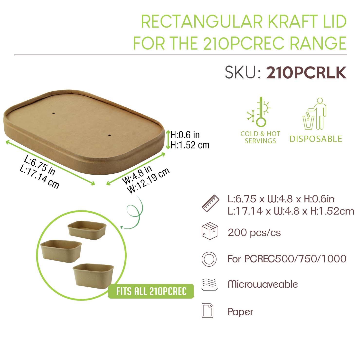 Rectangular Kraft Lid With Lamination For The 210PCREC Range - L:6.8in W:4.8in H:0.4in - 200 Pcs