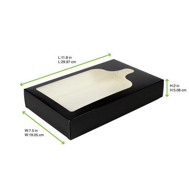 Black Charcuterie Box with Window – 11.8" x 7.5" x 2" Grab & Go Box for Serving Planks