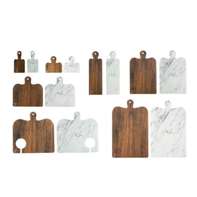 Disposable Charcuterie Board with Handle – 8" x 8" Wood & Marble Print Cardboard Serving Plank