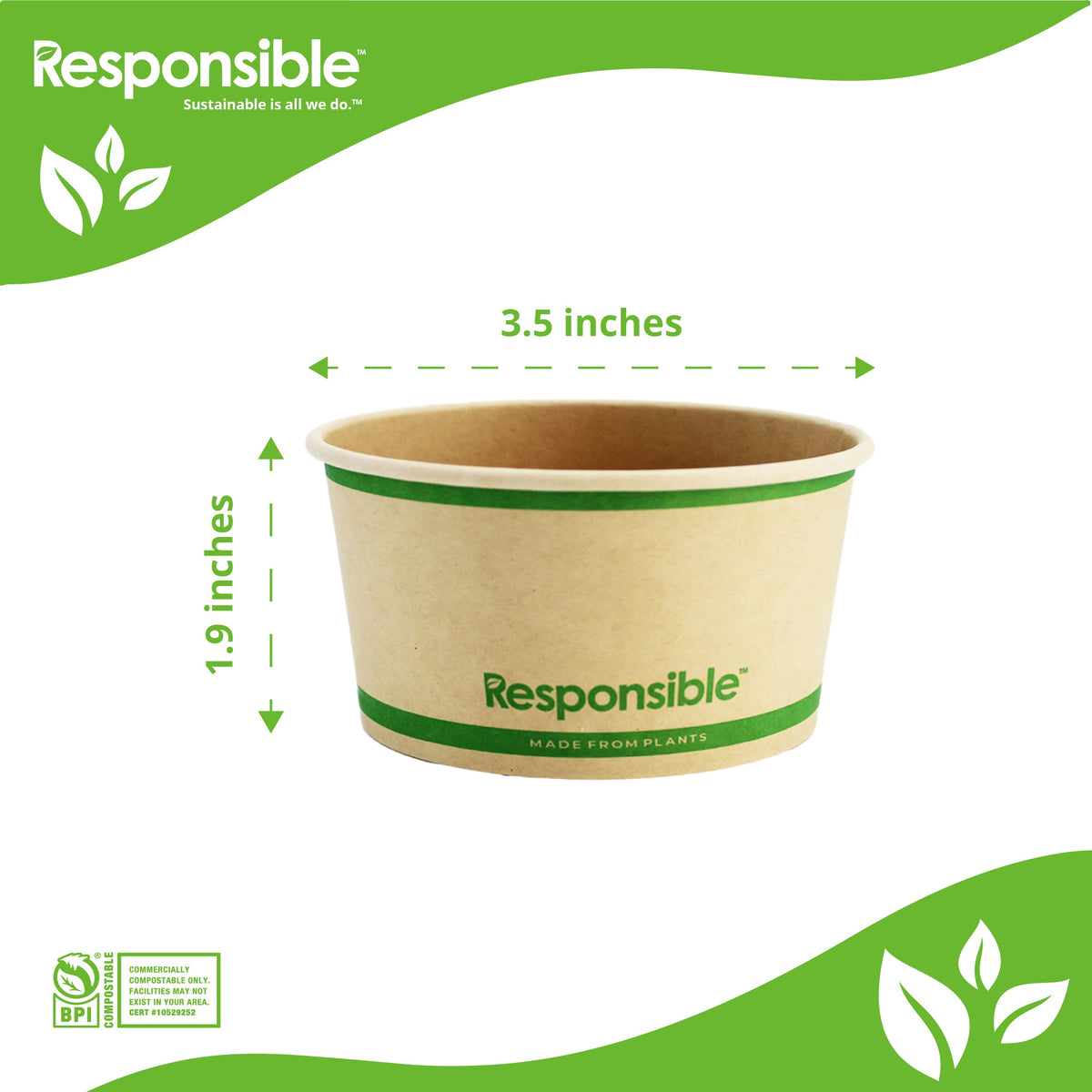 6 oz compostable paper food container dimensions: 3.5 inch top diameter x 1.9 inch tall
