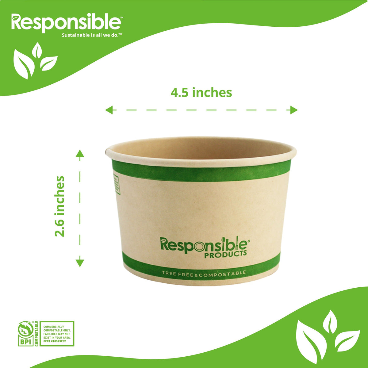 12 oz compostable paper food container dimensions: 4.5 inch top diameter x 2.6 inch tall