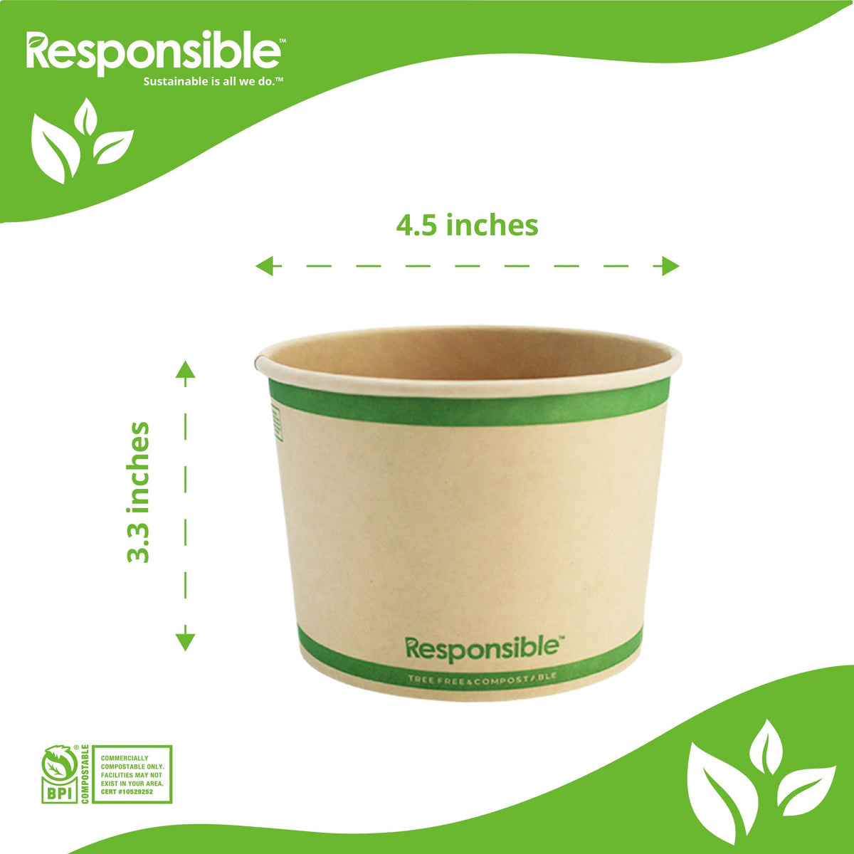 16 oz compostable paper food container dimensions: 4.5 inch top diameter x 3.3 inch tall