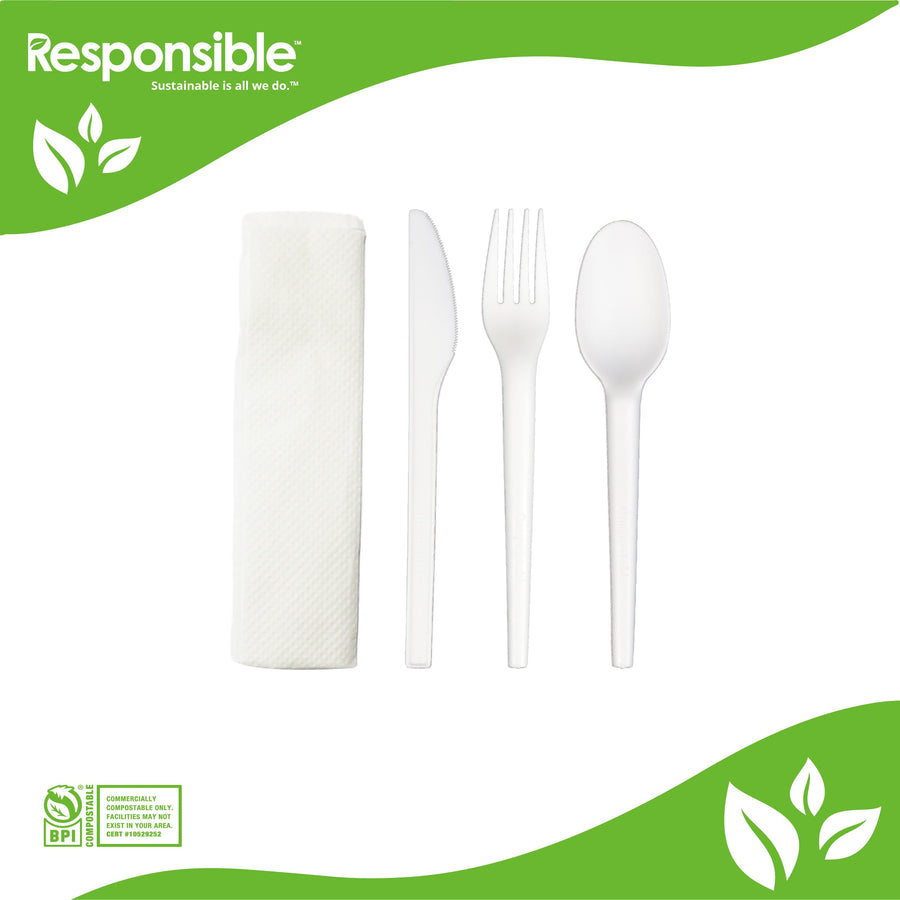 Responsible Products wrapped compostable cutlery kit with fork, knife, spoon and napkin RP-CPLAKIT