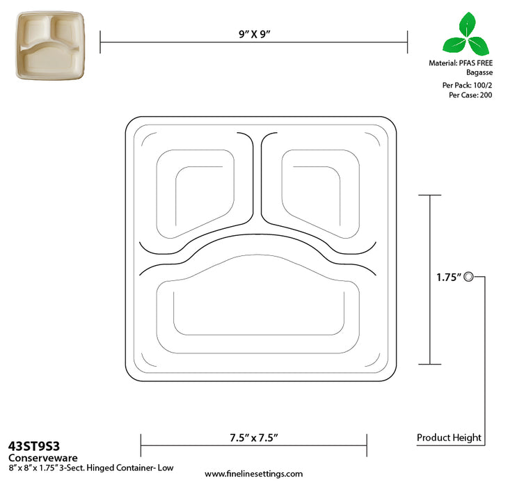 9" - 3 SECTION SQUARE TRAY - PFAS FREE (200 Trays Per Case)