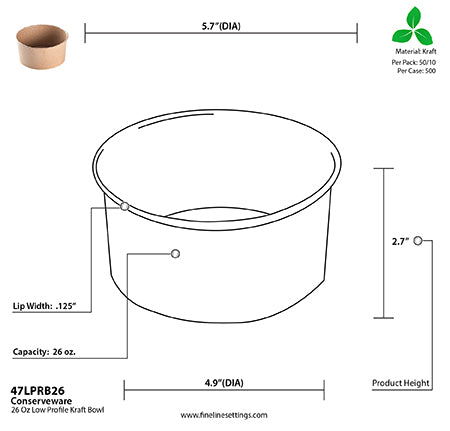 26 oz Low Profile Round Kraft Bowl – 500 Bowls/Case