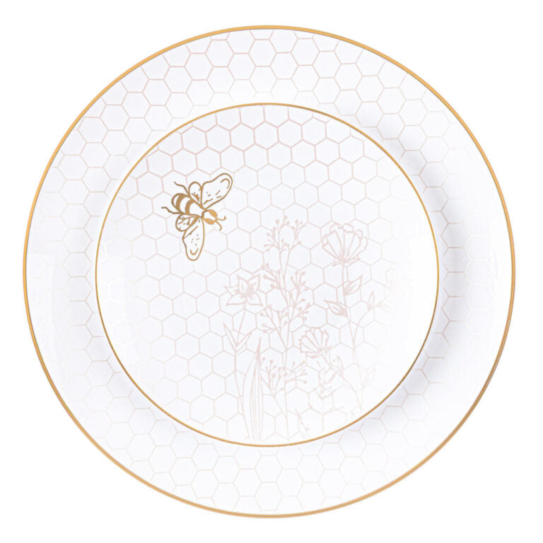 Honey Bee Deluxe White & Gold Plastic Dinnerware Set – 7" Salad Plates & 10" Dinner Plates for Weddings, Parties & Catering