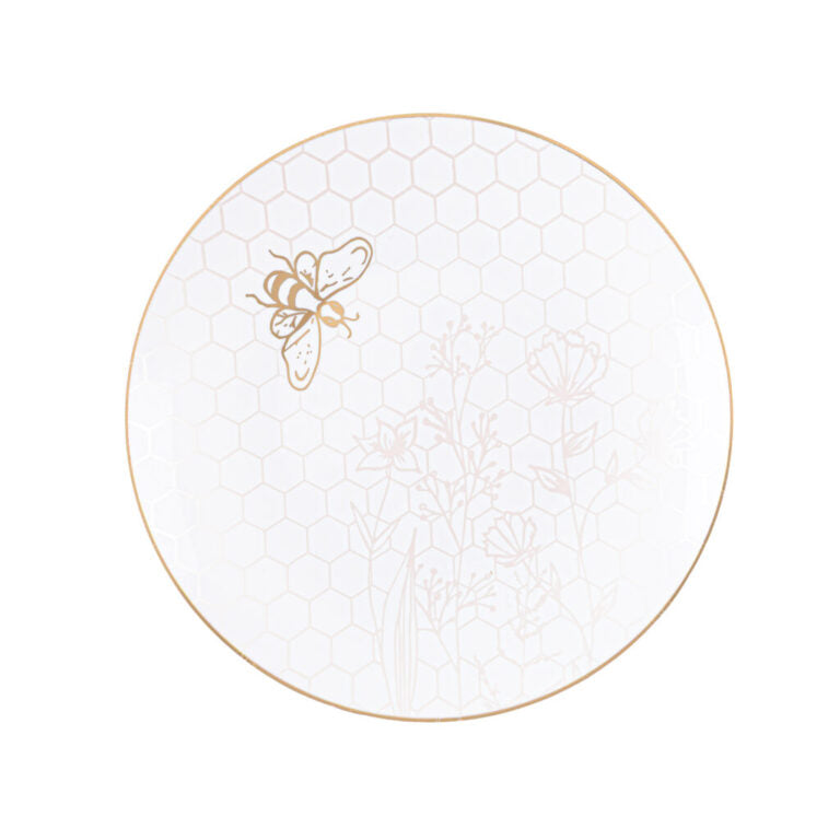 Honey Bee Deluxe White & Gold Plastic Dinnerware Set – 7" Salad Plates & 10" Dinner Plates for Weddings, Parties & Catering