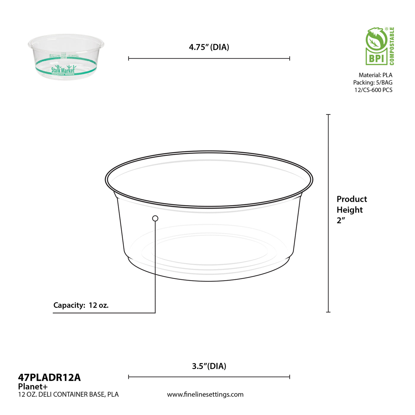 12 oz Clear PLA Round Deli Container — Compostable — 600/Case | Fineline 47PLADR12A