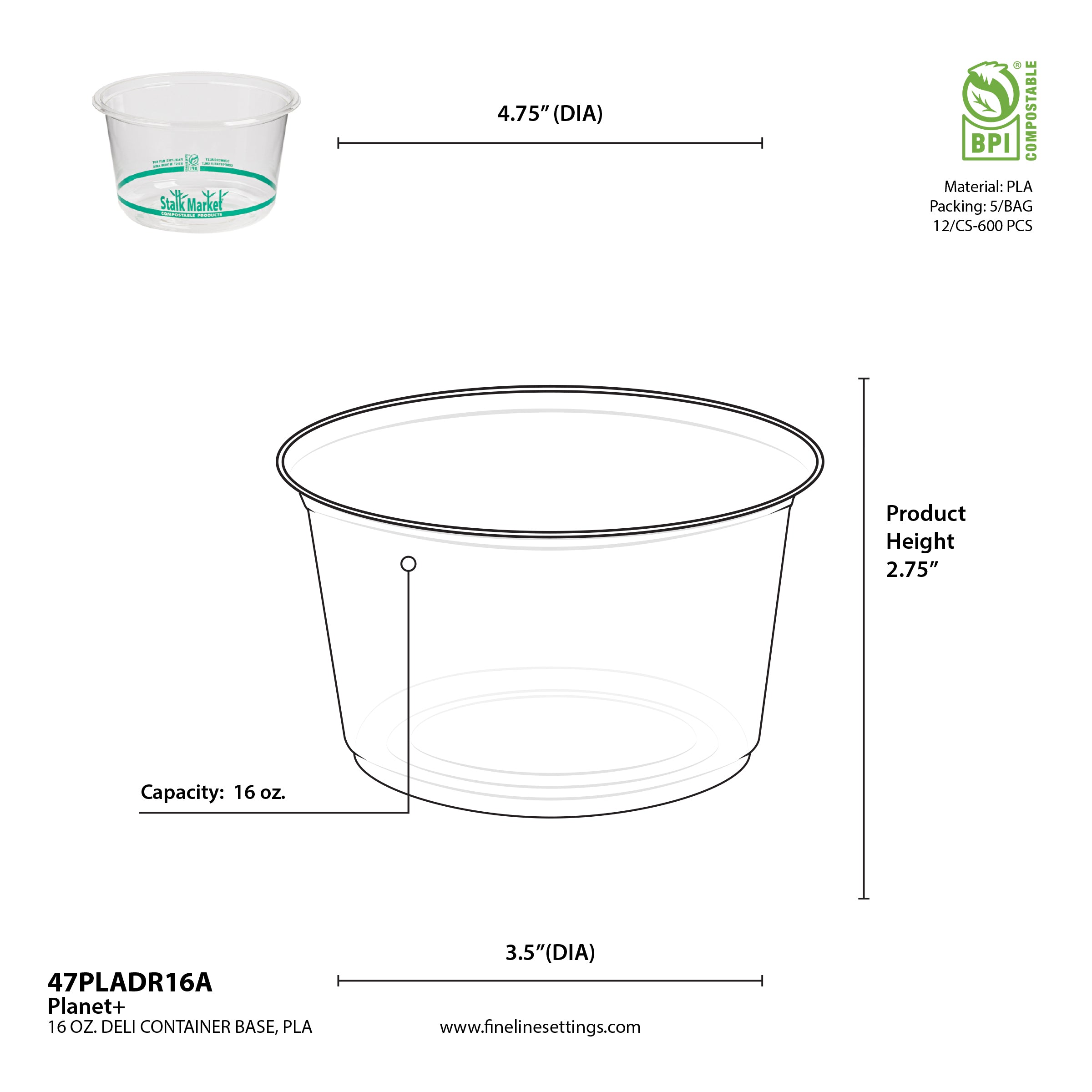 16 oz Clear PLA Round Deli Container — Compostable — 600/Case | Fineline 47PLADR16A