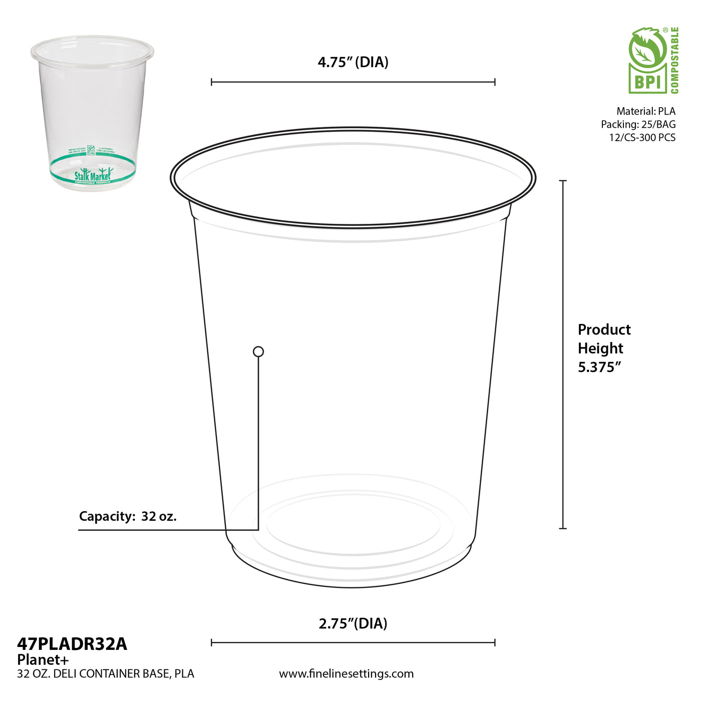 32 oz Clear PLA Round Deli Container — Compostable — 300/Case | Fineline 47PLADR32A