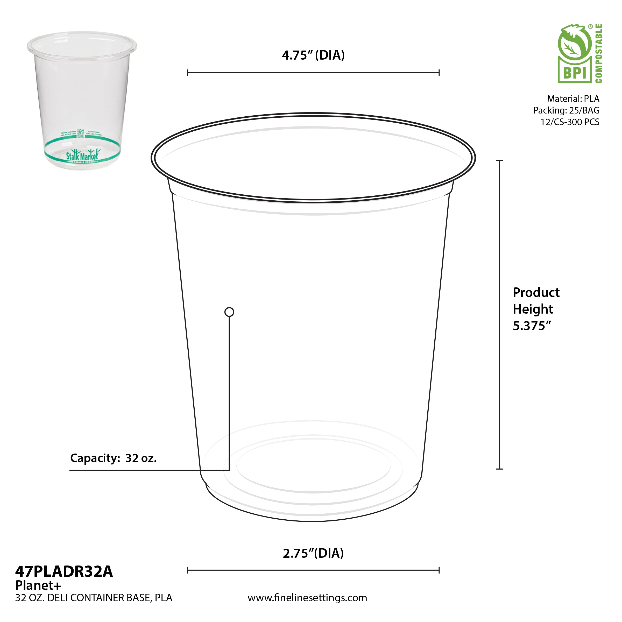 32 oz Clear PLA Round Deli Container — Compostable — 300/Case | Fineline 47PLADR32A