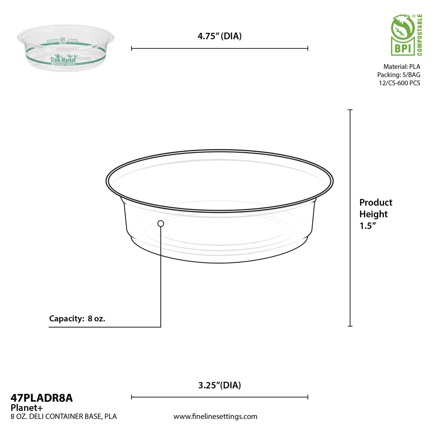 8 oz Clear PLA Round Deli Container — Compostable — 600/Case | Fineline 47PLADR8A