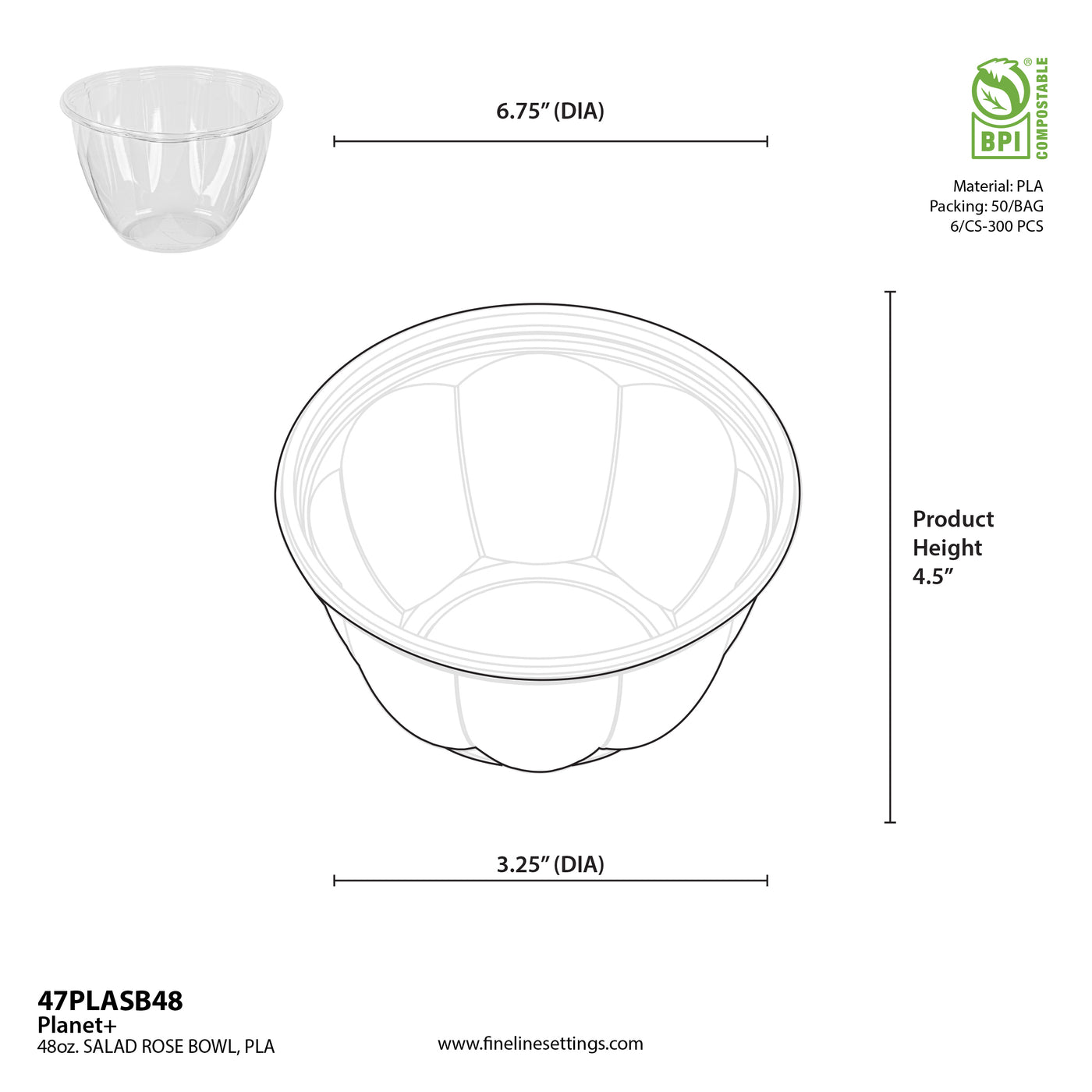 32 oz Clear PLA Salad Rose Bowl — Compostable — 300/Case | Fineline 47PLASB32