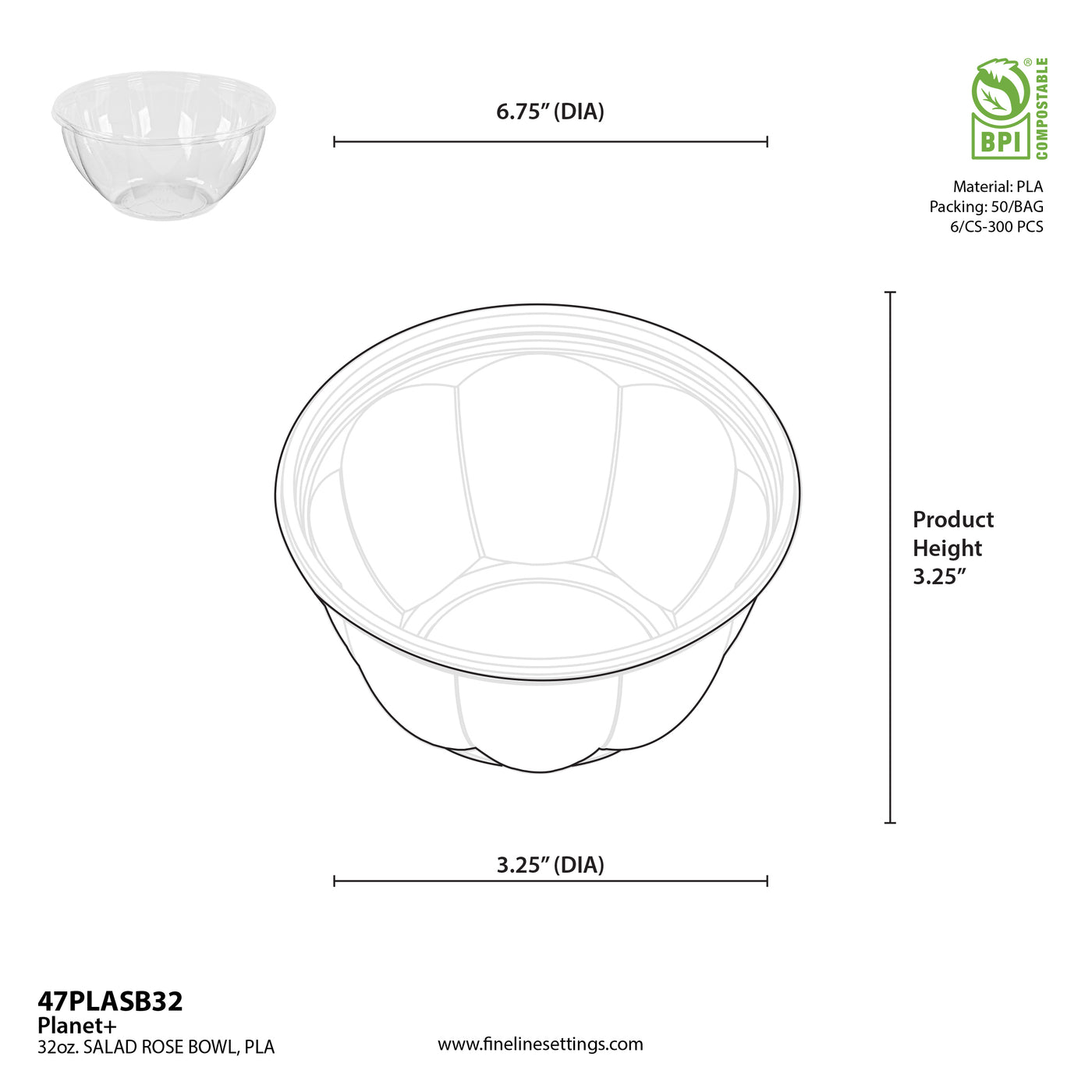 48 oz Clear PLA Salad Rose Bowl — Compostable — 300/Case | Fineline 47PLASB48