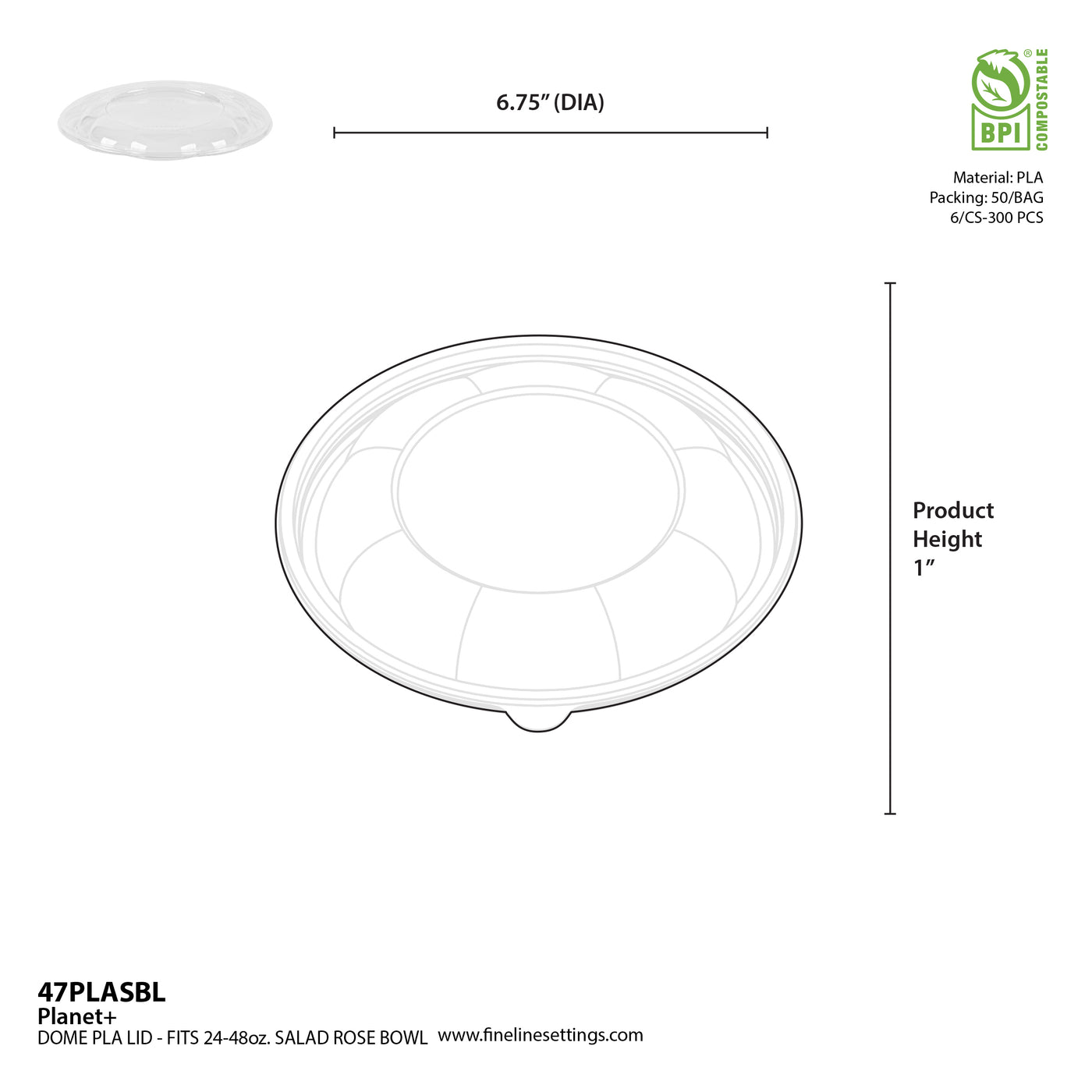 Dome PLA Lid for 24–48 oz Salad Rose Bowls — Compostable — 300/Case | Fineline 47PLASBL