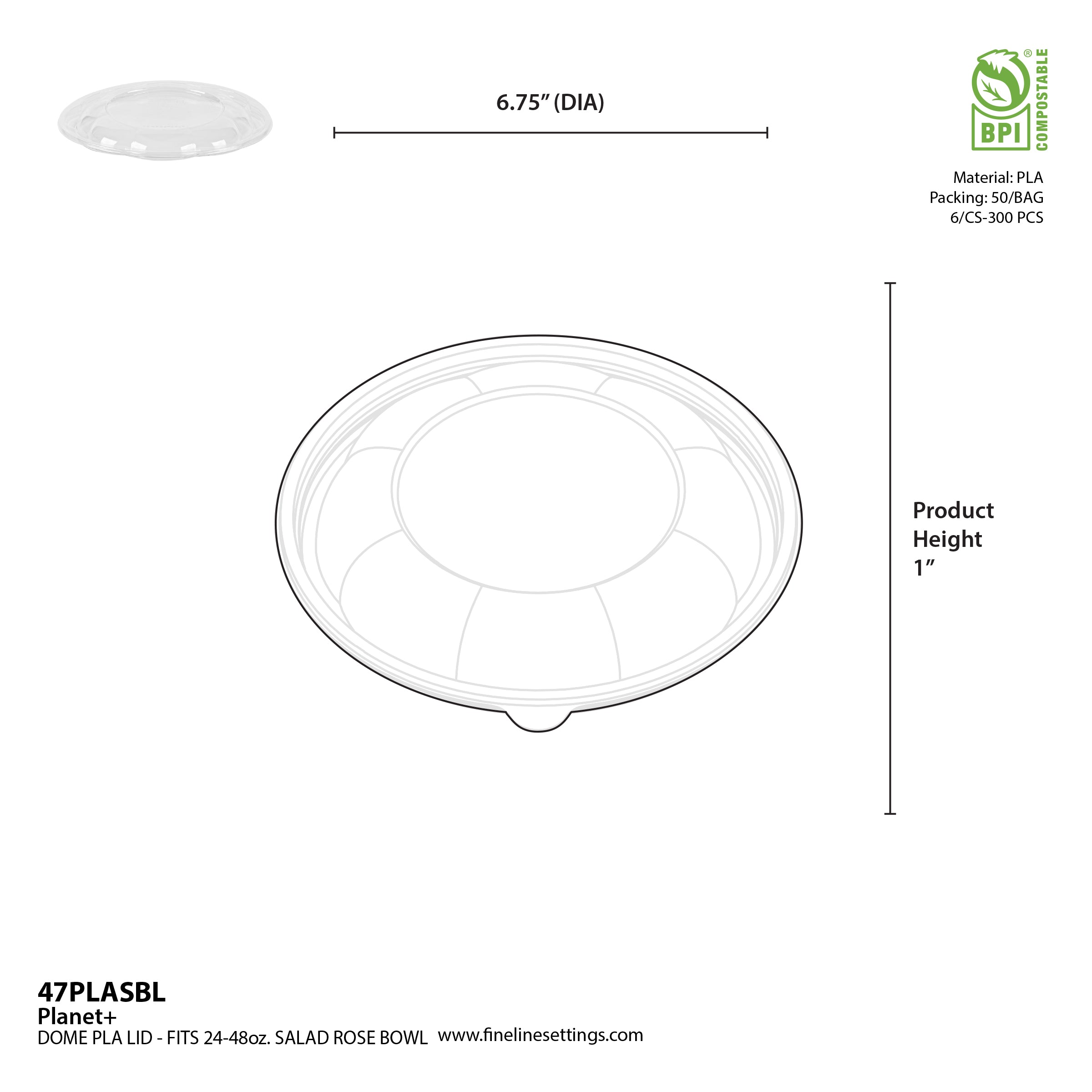 Dome PLA Lid for 24–48 oz Salad Rose Bowls — Compostable — 300/Case | Fineline 47PLASBL