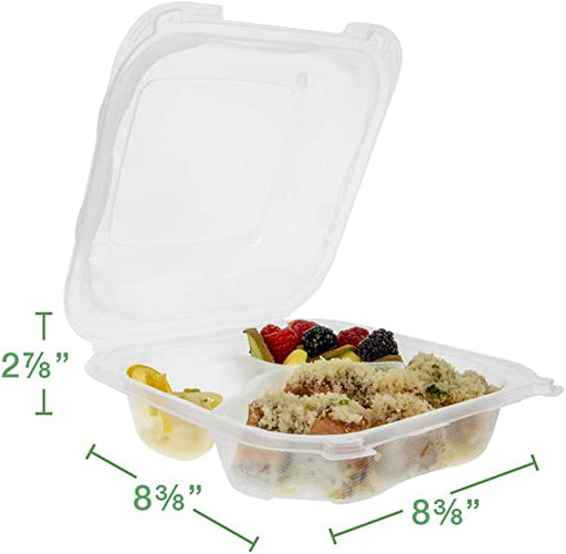 Genpak Clover Large 8" Three-Compartment Hinged Take-Out Container | Microwave Safe, BPA Free | Made in the USA | Case Count 150