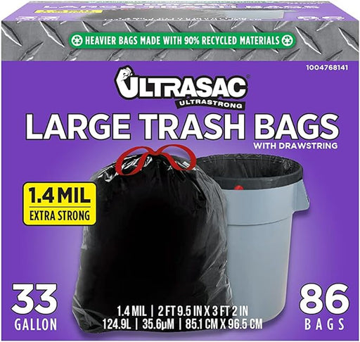 Ultrasac Black Large Heavy Duty Drawstring Trash Bags 33 Gallon 1.4 MIL, 33.5" x 38" - Pack of 86 - For Home, Commercial, Construction, & Outdoor