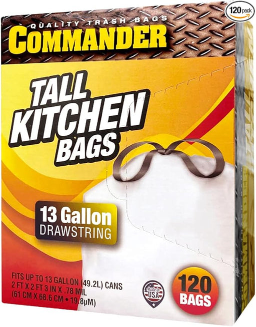 Commander 13 Gallon 0.78 MIL White Plastic Trash Bags Unscented - 24" x 27" - Pack of 120, For Home, Kitchen, Commercial, & Office
