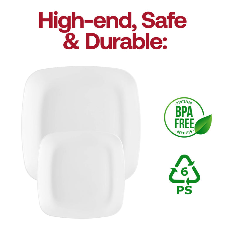 Solid White Flat Rounded Square Disposable Plastic Plates