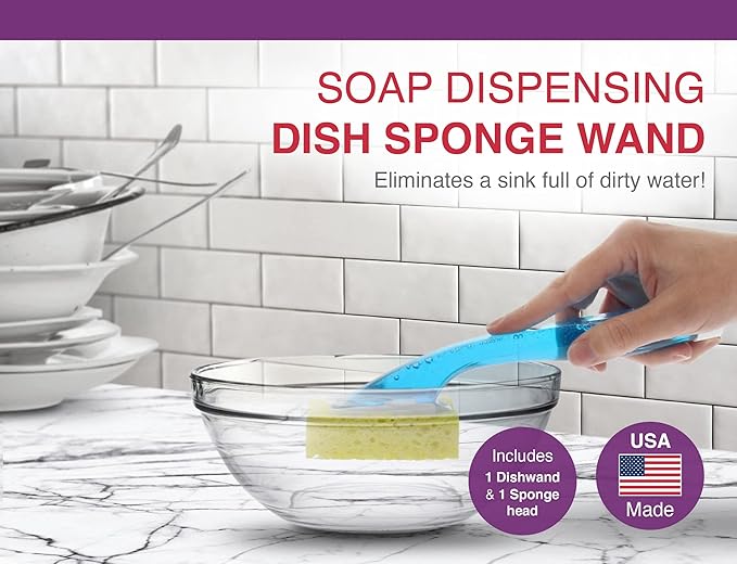 Arrow Home Products Dish Sponge with Soap Dispenser Handle - Fillable Dish Wand for Quick, Convenient Cleaning - Made in the USA