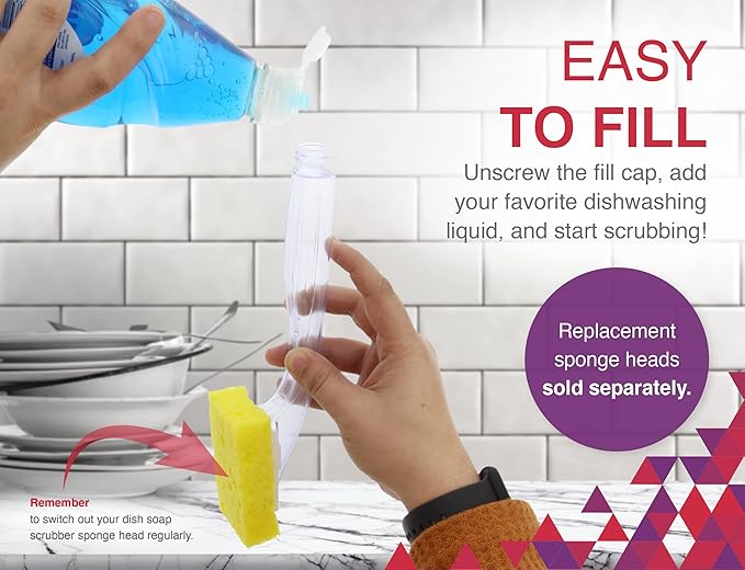 Arrow Home Products Dish Sponge with Soap Dispenser Handle - Fillable Dish Wand for Quick, Convenient Cleaning - Made in the USA