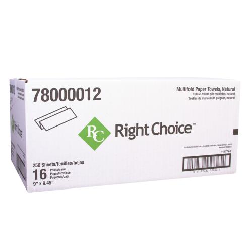 Right Choice™ Paper Multifold Towel 1-Ply 250-Sheets, Kraft, 9" x 9.45", 16/250