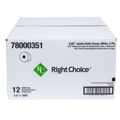 Right Choice Jumbo Roll Tissue, 2-Ply, White, Recycled Paper, 3.3" x 1000', 12 Rolls/Case