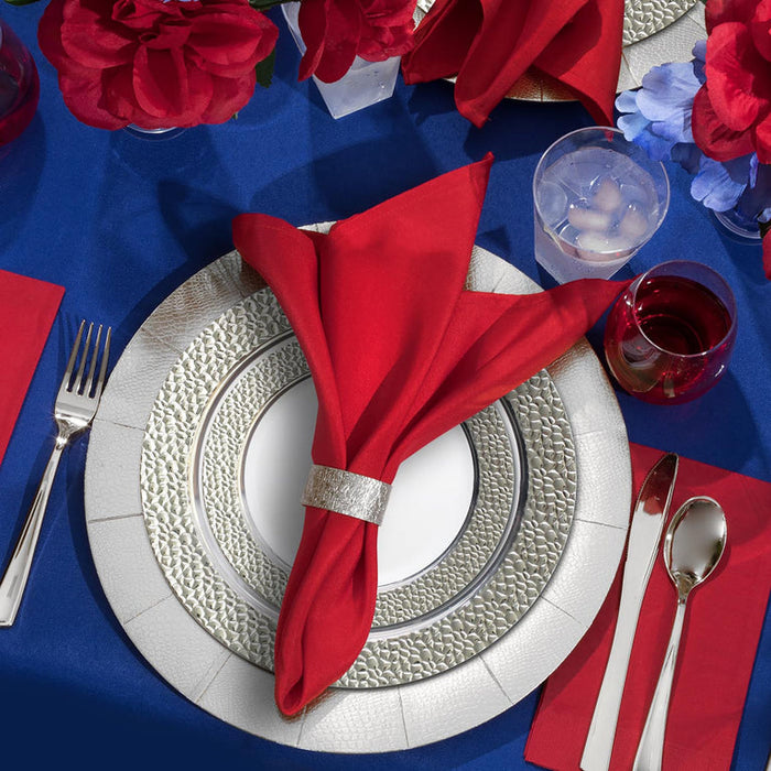 White with Silver Hammered Rim Round Plastic  Disposable Dinnerware Set – Elegant Plastic Plates for Events