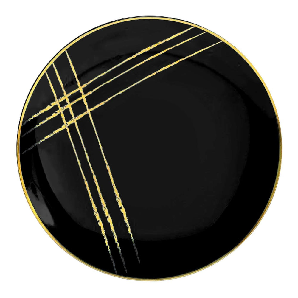 7.5" Black with Gold Brushstroke Round Plastic Disposable Dinner Plates (120 Per Case)
