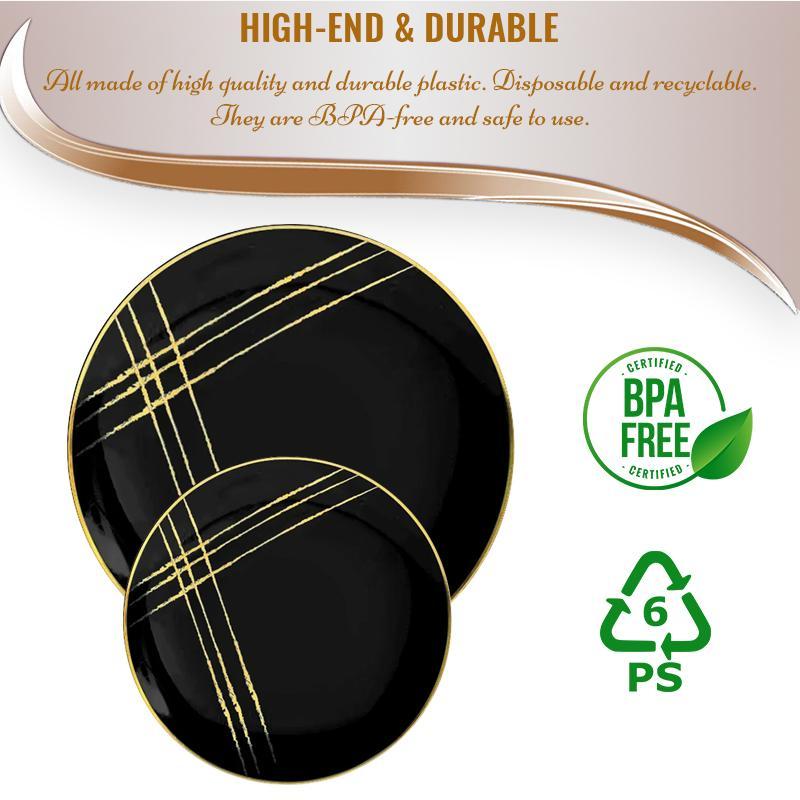 10.25" Black with Gold Brushstroke Round Plastic Disposable Dinner Plates (120 Per Case)